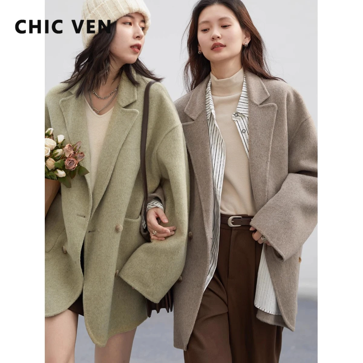 CHIC VEN Women’s Woolen Coats Loose Casual Double Breasted Retro Double-sided Jacket Office Lady Outerwear Autumn Winter 2023