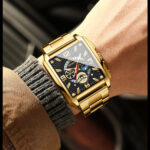 Men’s Quartz Watch Stainless Steel Business Analog Luminous Gold Black SquareNEW