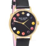 Kate Spade New York Womens Gold Metro Watch Makeup Brush Dial Gold Black Leather