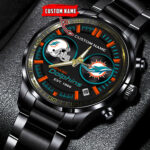 Miami Dolphins Personalized Black Stainless Steel Watch Gift For Fans