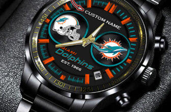 Miami Dolphins Personalized Black Stainless Steel Watch Gift For Fans