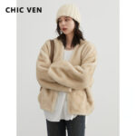 CHIC VEN Women’s Jacket Loose Casual Solid Overcoat New Female Plush Coat V-neck Woman Outerwear Autumn Winter 2023