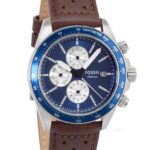 FOSSIL Autocross Mens Dual Time Multifunction Watch, Blue Silver, Brown Leather