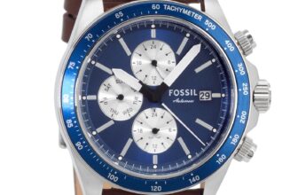 FOSSIL Autocross Mens Dual Time Multifunction Watch, Blue Silver, Brown Leather