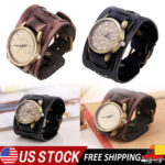 Men Retro Bracelet Watch Band Wide Leather Strap Cuff Vintage Quartz Wristwatch