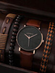 Men’s Watch Brown Leather Bracelet Band Analog Quartz Round Bracelet Gift Set