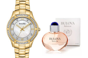 Bulova Women’s Quartz Crystal Accent Gold 32mm Watch Perfume Set 98L256