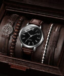 Men’s Watch New Brown Leather Band Quartz Anolog Casual Wristwatch Bracelet Set