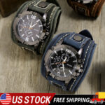 Men Retro Bracelet Watch Band Wide Leather Strap Cuff Vintage Quartz Wristwatchs