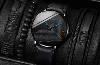 Men’s Watch Black Leather Band Quartz Analog Casual Wristwatch 3 pcs Bracelet