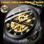 Luxury Men’s Stainless Steel Gold Tone Skeleton Automatic Mechanical Wrist Watch