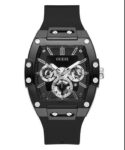 New Guess Men’s 43mm Stunning Black Sunray Dial Black Silicone Chronograph Watch