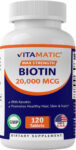 Vitamatic High Potency Biotin 20000 mcg (20mg) with Keratin 100mg – 120 Veg