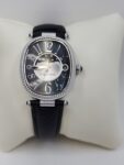 Judith Ripka Silvertone Stainless Steel Black Leather Strap Moon Phase Watch