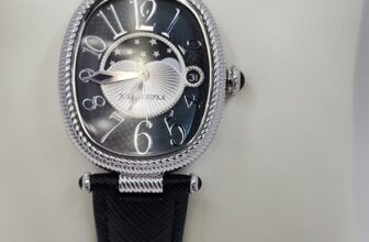 Judith Ripka Silvertone Stainless Steel Black Leather Strap Moon Phase Watch