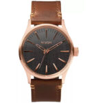 Nixon Men’s Watch Sentry Rose Gold Case Grey Dial Brown Leather Strap A377-2001