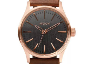 Nixon Men’s Watch Sentry Rose Gold Case Grey Dial Brown Leather Strap A377-2001