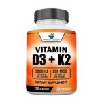 Vitamin D3 5000IU plus Vitamin K2 as MK-7 200mcg , 120 Veggie Caps, 120 Servings