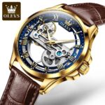 OLEVS Men Automatic Mechanical Skeleton Analog Leather Waterproof Luminous Watch