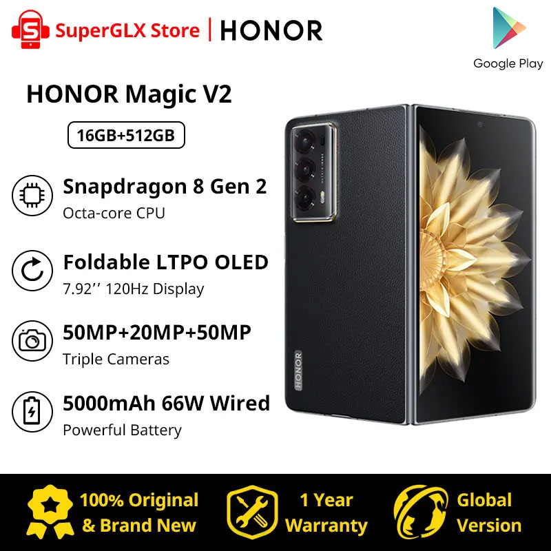Global Version Honor Magic V2 5G Foldable LTPO OLED 120Hz Display 7.92″ 50MP Rear Cameras Snapdragon 8+ Gen 2 5000mAh 66W NFC