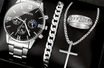4pcs Vintage Men Stainless Steel Quartz Watch Set with Calendar, Analog Display