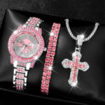 Pink 3pcs Women’s Quartz Watch with Rhinestone Cross Pendant Necklace Bracelet