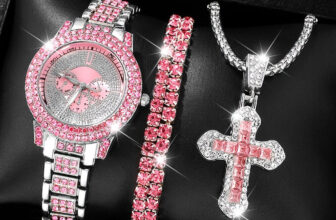 Pink 3pcs Women’s Quartz Watch with Rhinestone Cross Pendant Necklace Bracelet