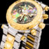 Mens Gold Dual Time Skeleton Automatic Mechanical Watch Black Orange Leather