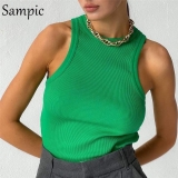 Sampic Knitted Summer Ribber Sleevless T Shirt Tops Women Casual Khaki White Crop Tops 2021 Club Short Skinny Tank Tops Fashion