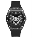 New Guess Men’s 43mm Stunning Black Sunray Dial Black Silicone Chronograph Watch