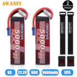 AWANFI 2Pcs 5000mAh 22.2V 6S LiPo Battery 60C EC5 for RC Car Truck Helicopter FPV Drone