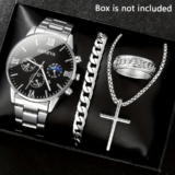 4pcs Vintage Men Stainless Steel Quartz Watch Set with Calendar, Analog Display